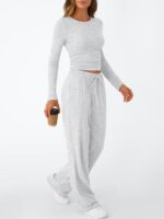 Trendy Queen Women's 2 Piece Matching Lounge Set Long Sleeve Side Ruching Top Wide Leg Drawstring Pants Set with Pockets - Image 3