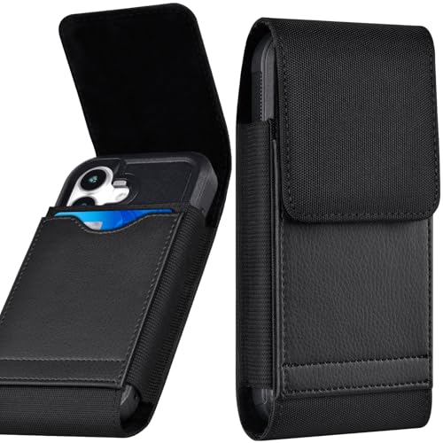 Version 1.0.0 ykooe Holster Compatible with iPhone Pro Max (16 15 14 13 12 11) Galaxy Plus/FE (S25 S24 S23 S22 S21), Nylon Cell Phone Belt Holder Case with Clip and Leather Card Pouch for Men, Black -L - Image 1