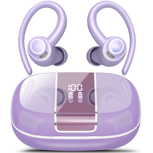 41yvsmRu35L Wireless Earbuds Bluetooth 5.3 Headphones Sports, 48H Over Ear Buds with ENC Mic, Stereo Deep Bass Bluetooth Earbuds with Secure Earhooks, LED Display, IPX7 Waterproof Earphone for Running/Gym Purple Visit the Csasan Store - Image 1