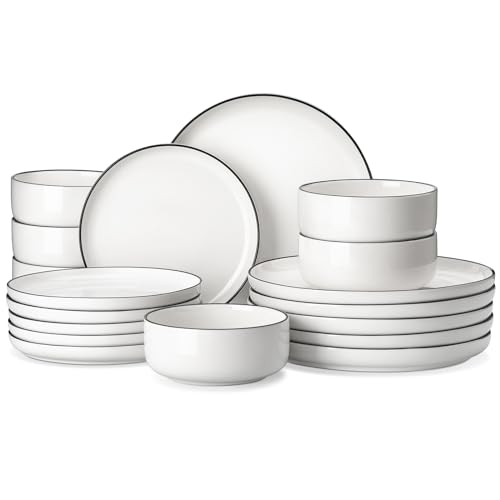 Version 1.0.0 MALACASA Plates and Bowls Sets, 12 Pieces Modern Porcelain Dinnerware Set for 4 White Kitchen Dinner Dining Ware Set wtih Black Rim Ceramic Dishware Dishes Microwave and Dishwasher Safe, Series LUNA - Image 1